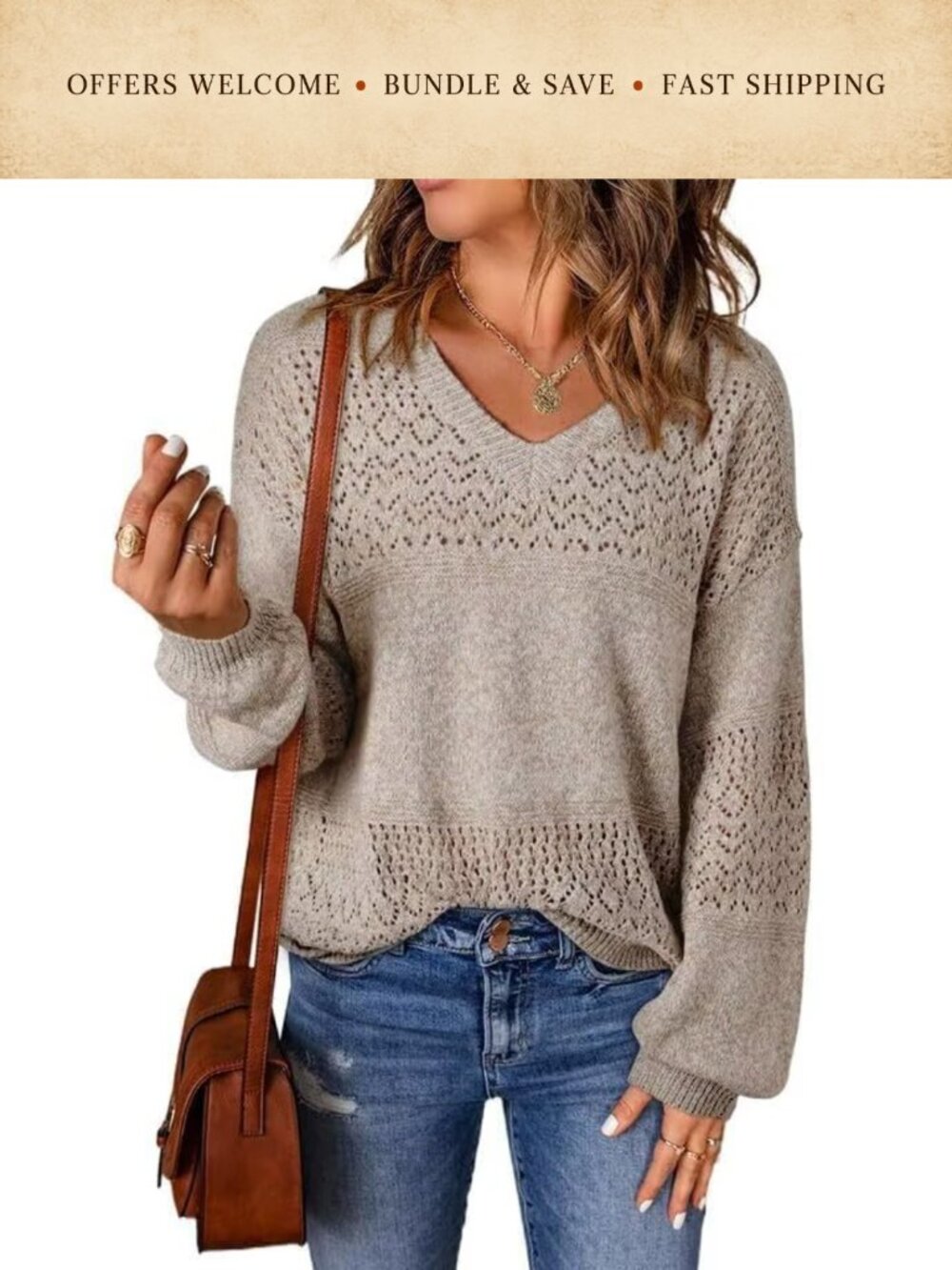 V Neck Long Sleeve Hollow Knit Sweater Pullover Lightweight Fall Winter